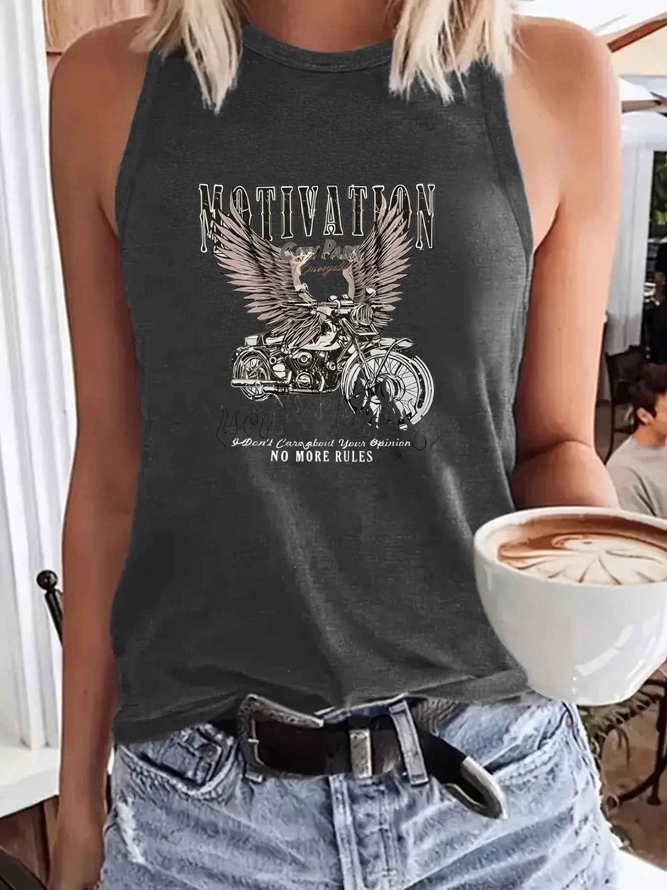 Dream printed sleeveless top motorcycle